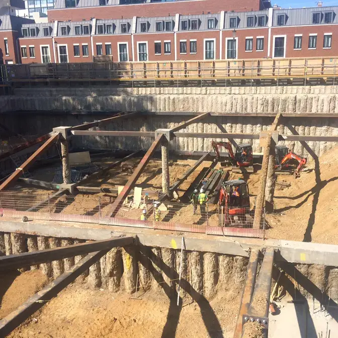 A secant wall providing excavation support in London
