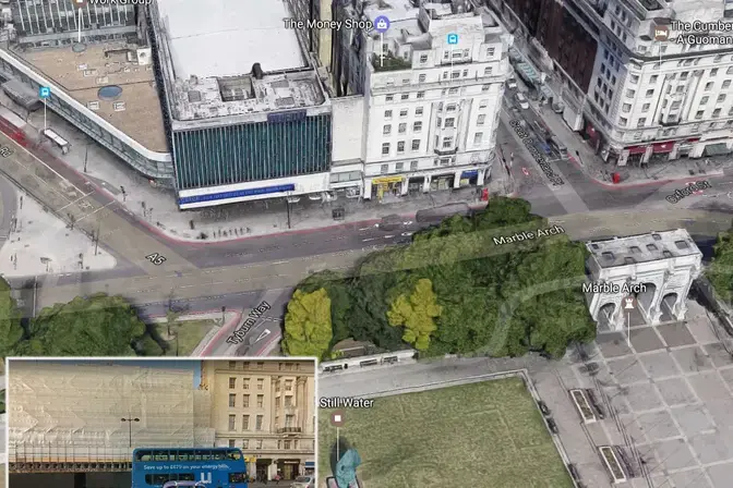 The Marble Arch site and (inset) proximity to neighbouring buildings