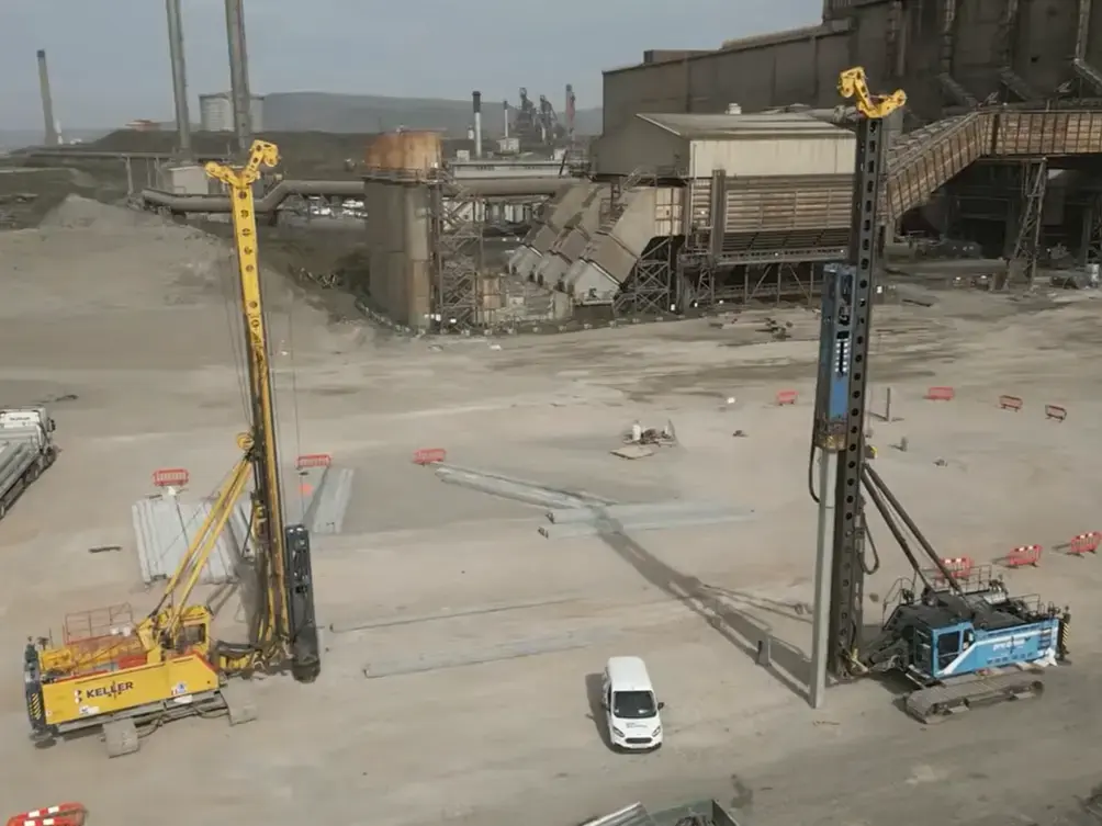 An aerial view of Keller rigs laying the foundations at Port Talbot