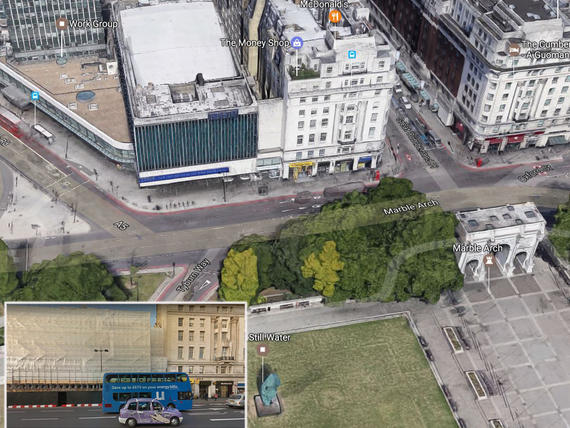 The Marble Arch site and (inset) proximity to neighbouring buildings
