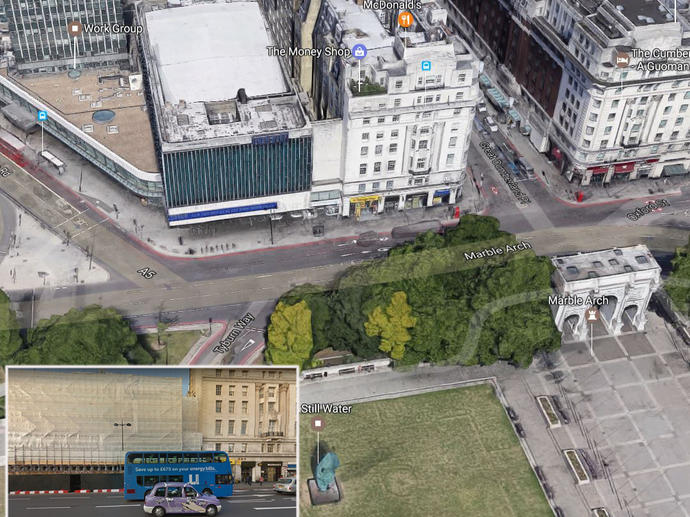 The Marble Arch site and (inset) proximity to neighbouring buildings