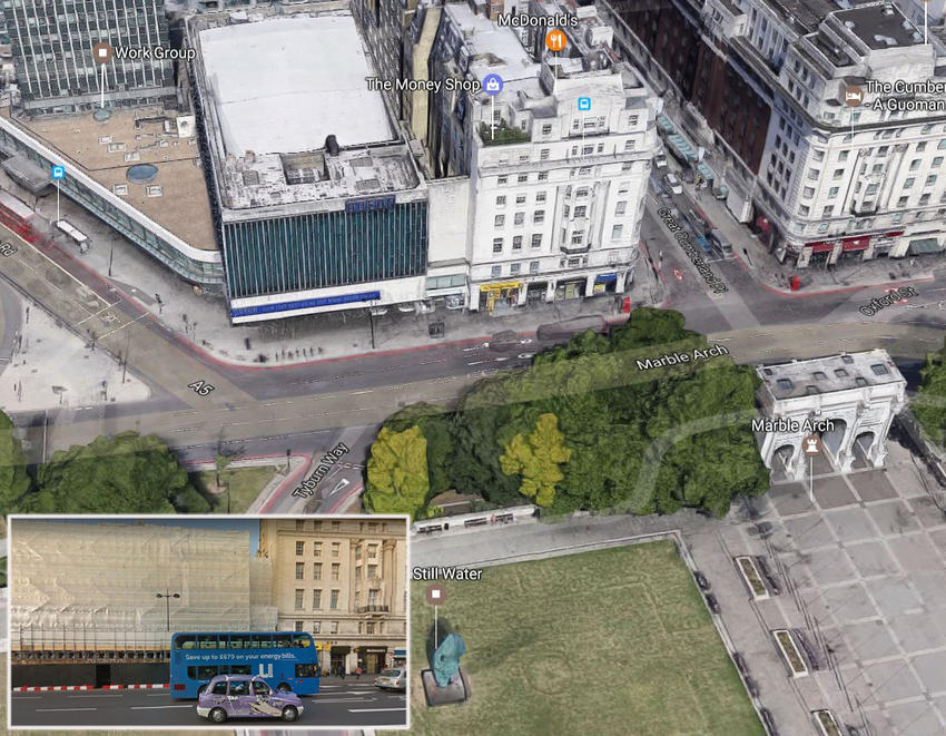 The Marble Arch site and (inset) proximity to neighbouring buildings
